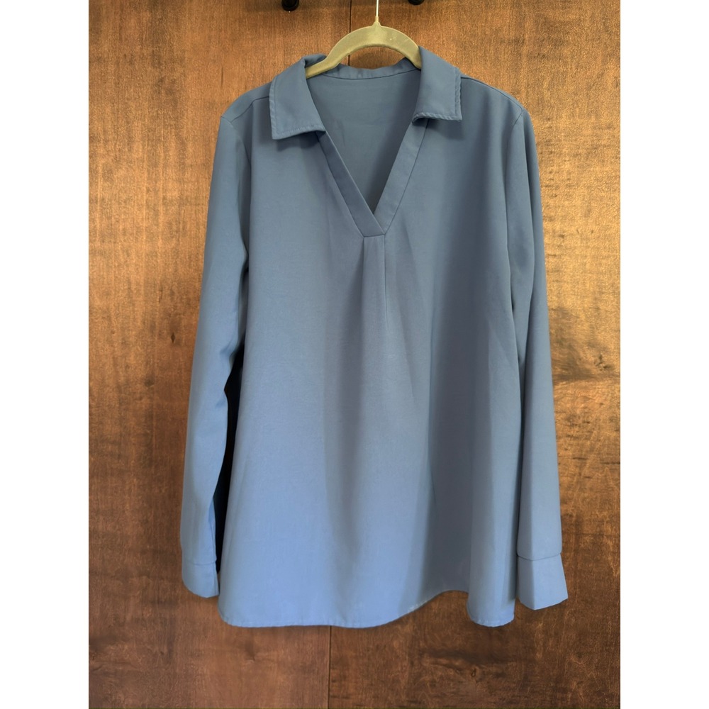 Womens Dusty Blue V-Neck Long Sleeve Blouse Collared Pullover Top